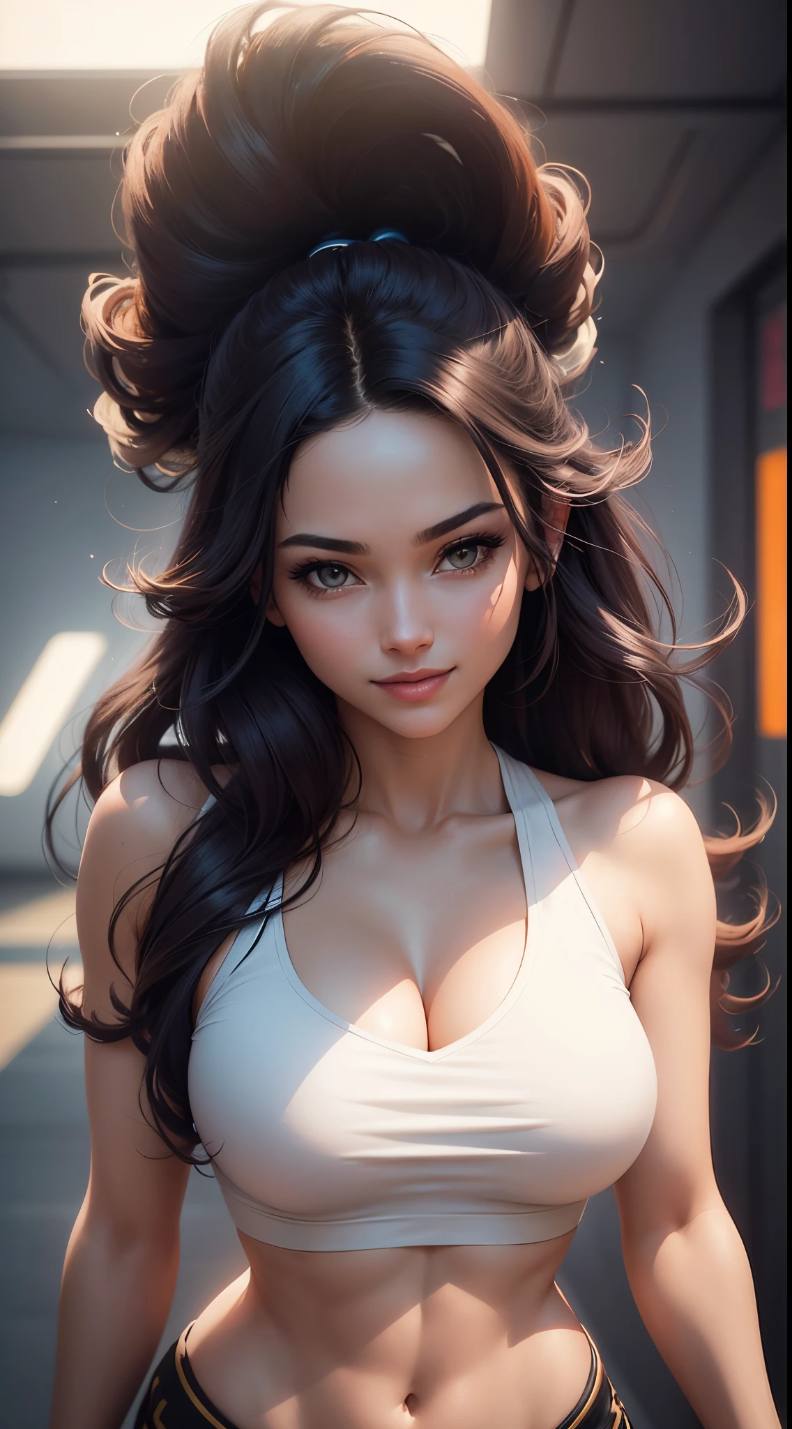 beautiful girl, blue eyes, pony tail, large breasts, ((beautiful slim teenage girl 18 year old, black hair, earrings, lips, realistic, pink lipstick, long eyelashes, earrings, wearing eyeliner, fair skin, (sexy), (detailed face), detailed eyes, detailed iris, sexy look, looking at viewer, (hot), facing viewer, ((thighs)), towel wrapped, lip gloss, big full lips, long hair, smirk, sunny environment, warm light, ponytail, (photorealistic: 1.4)