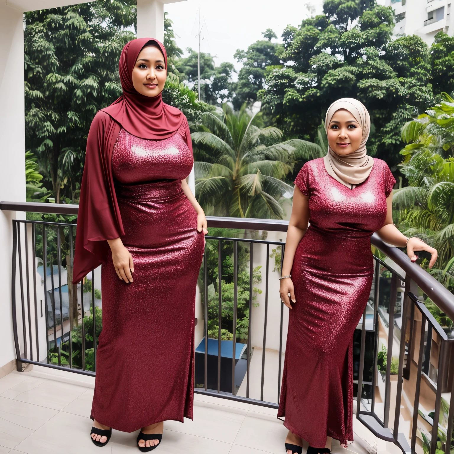 48 Years old, Hijab Indonesian beautiful mature woman, Gigantic boobs : 23.9, wearing Gamis, Tight Gamis, full body, at Balcony Apartment, Seductive pose, curvy body, corrected body, corrected hand, corrected legs