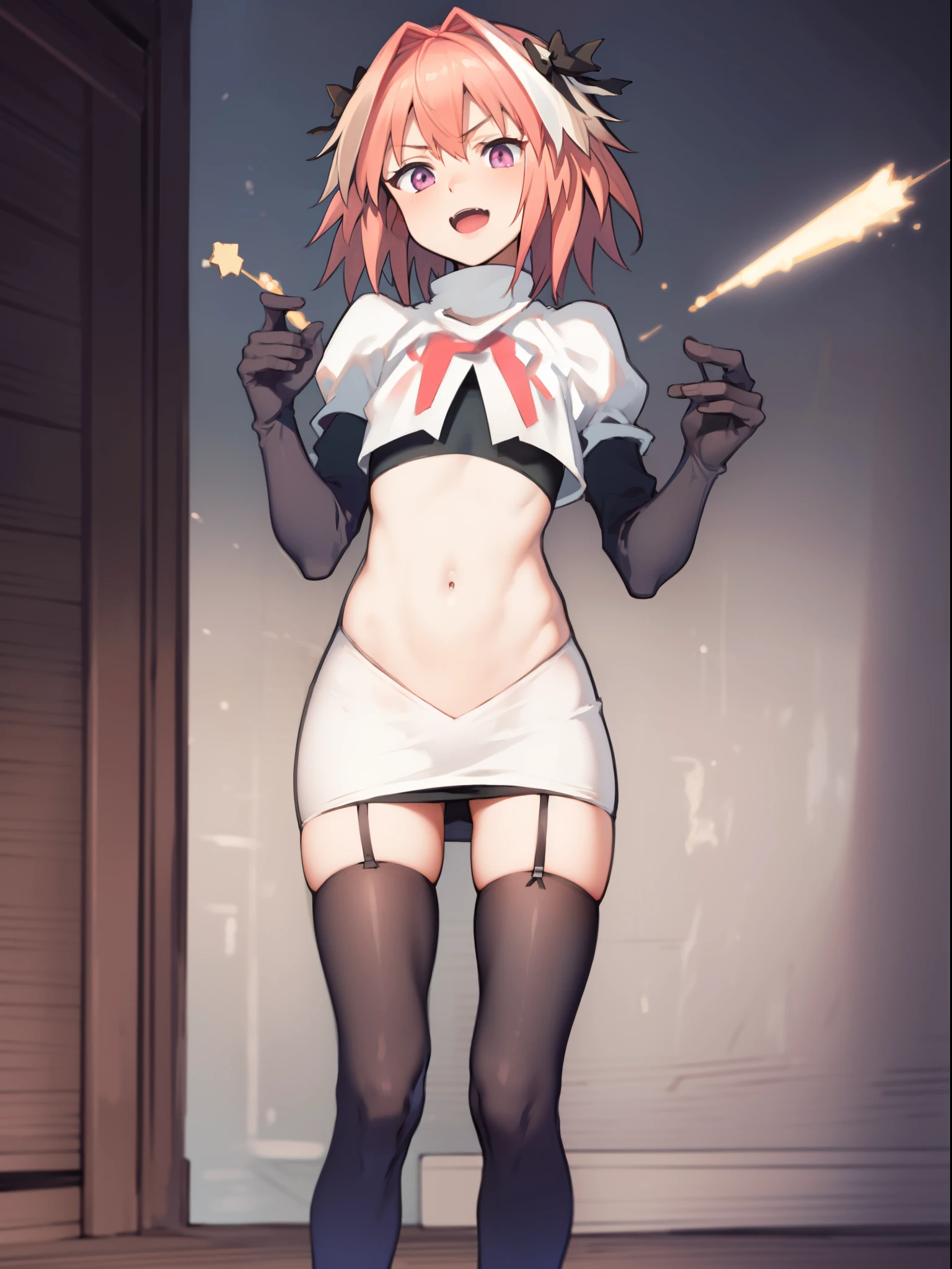 absurdres, masterpiece, best quality, (astolfo fate:1.2155), 1boy, male focus, trap, pink multicolored hair, pink hair, white hair, hair intakes, long hair, pink detailed eyes, crossdressing,1boy, team rocket,team rocket uniform, red letter R, white skirt,white crop top,black thigh-highs,black elbow gloves