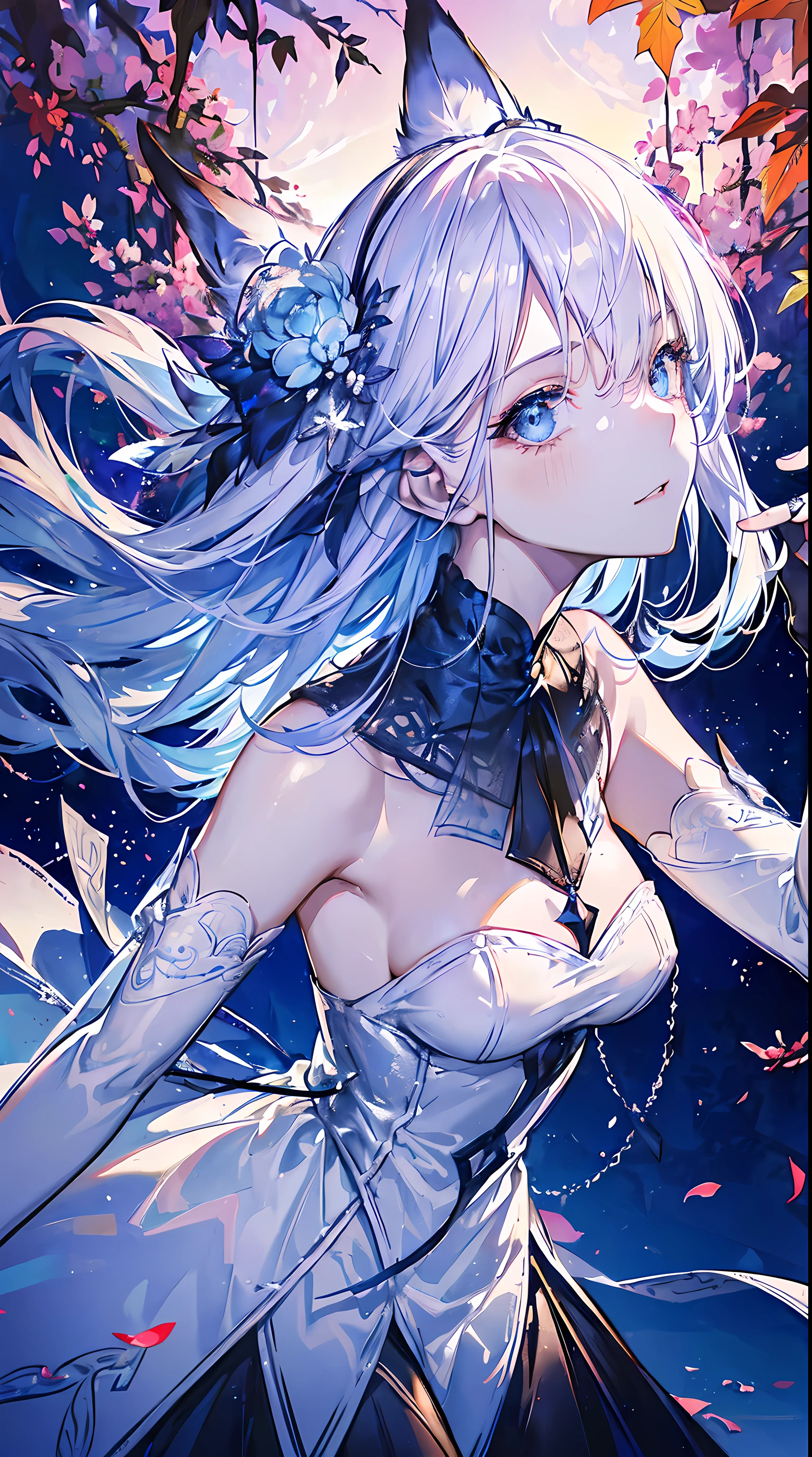 Anime girl with long white hair and blue eyes in a white dress - SeaArt AI