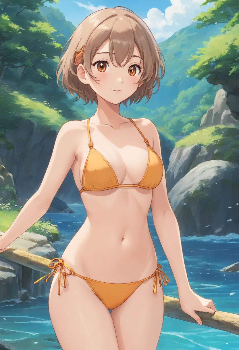 Clear bikini,(Close-fitting:1.4),Medium breasts,realistic breast:1.3,Exposed TITS,Breasts are more transparent,,nabel,Slightly areola,,More transparent panties,Detailed ,Close-up ,Realistic skin texture,A masterpice,Glow underneath,Slightly underarm hair,Medium hair,,Highlight texture,Skin type,