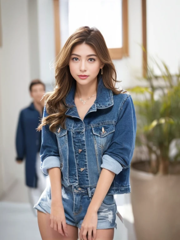 Close up portrait of woman in denim jacket posing for photo, wearing a jeans jackets, Wearing denim, Denim jacket, neck zoomed in, attractive neck, jean jacket, pokimane, inspired by Kim Jeong-hui, inspired by Liu Haisu, wearing several pendants, double denim, close up half body shot, Double denim wearing, Blue jacket