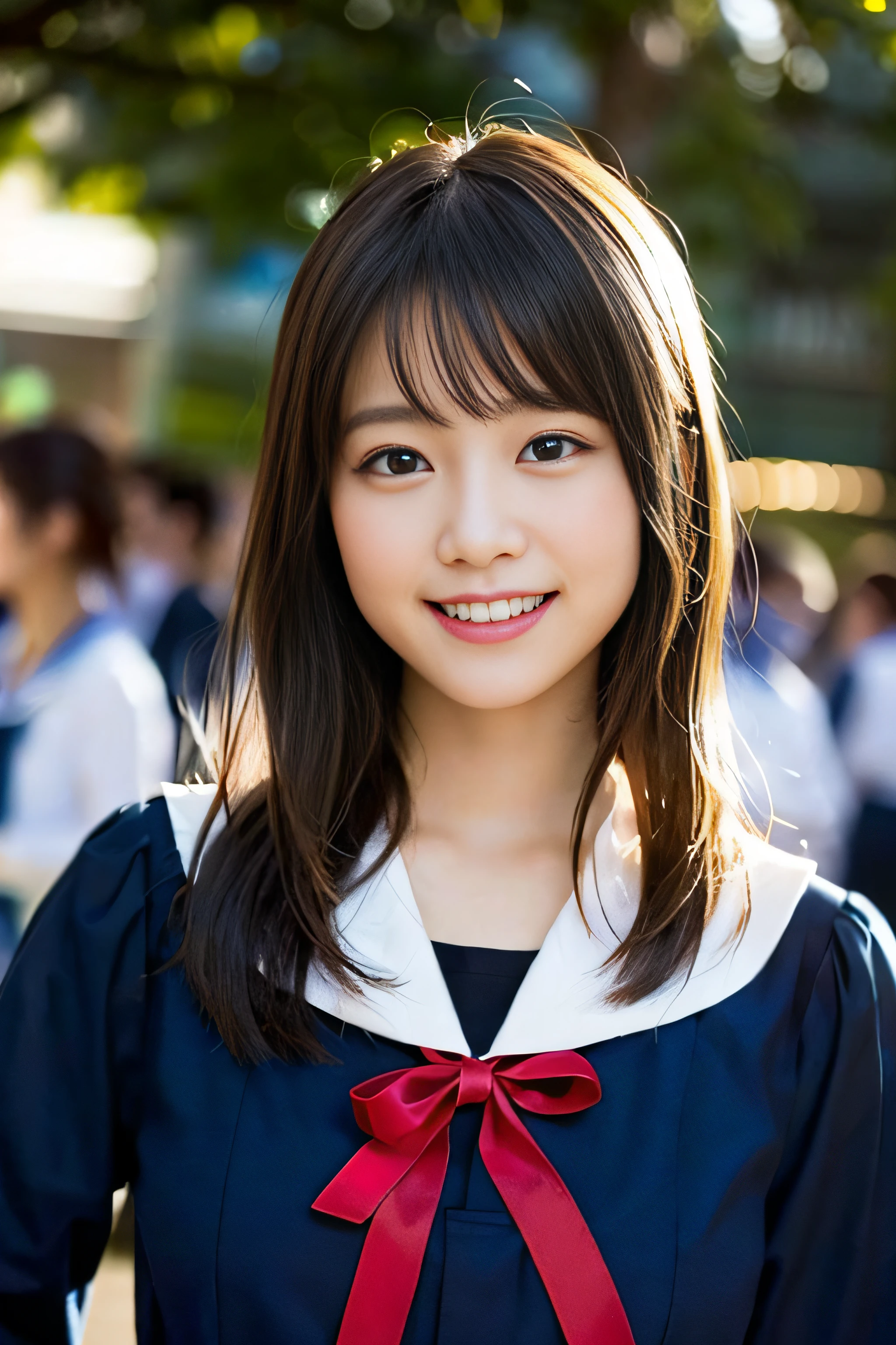(8K、Raw photography、top-quality、masterpiece:1.2)、(realisitic、Photorealsitic:1.37)、ultra-detailliert、超A high resolution、女の子1人、see the beholder、beautifull detailed face、A smile、Constriction、(Slim waist) :1.3)、Beautiful detailed skin、Skin Texture、Floating hair、Professional Lighting、Whole human body、Longhaire、a blond、japanese hight school uniform、a sailor suit、matriculation、、Bob Hair、E-cup、Happy smile、、Red ribbons、a baby face、Childisuppin、Moisturizing lips、Thin pink lips、Nosoccer field
