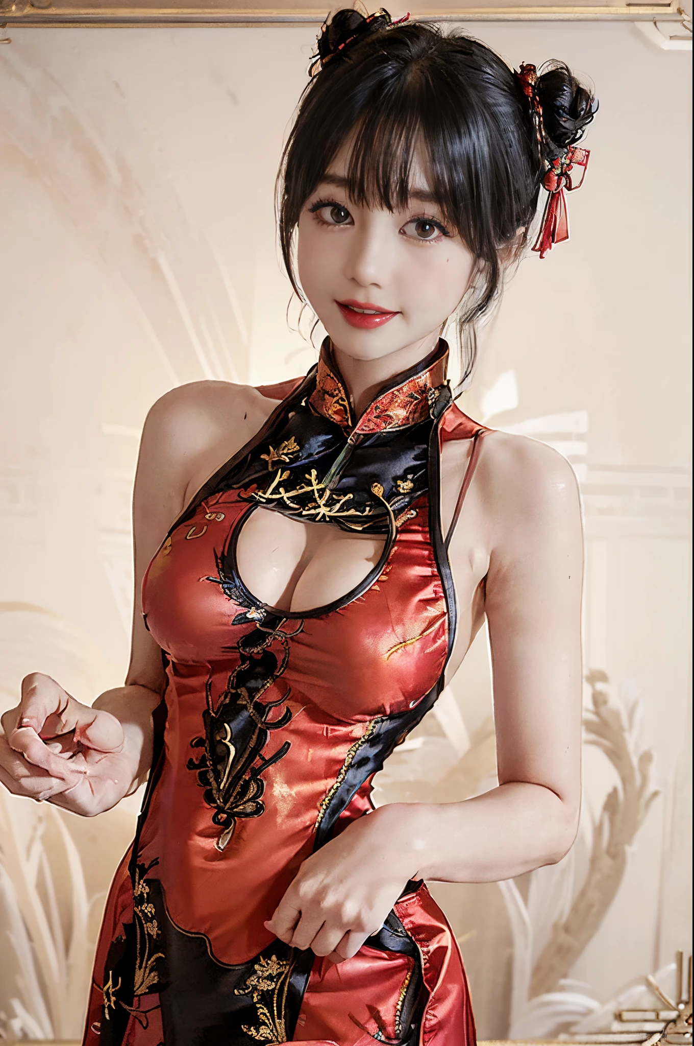 1girl in ,(qipao dress),Colossal tits, wide open cleavage,(( Character Play)),((Chinatown)) , (Red Lip), (Black medium hair),((looking to camera)), High resolution,Highly detailed, looking to camera,Keep your hands above your head、Composition from below、Crouching、Spread your legs wide