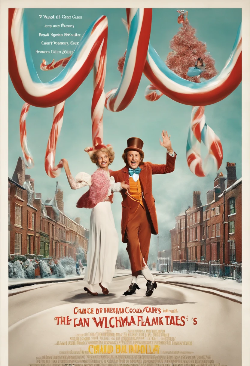 A whimsical video of the Oompa Loompas rehearsing a choreographed dance with giant candy canes.,Charlie and the Chocolate Factory,Willy Wonka, the eccentric chocolate factory owner in Roald Dahl’s novel and its film adaptations, is known for his flamboyant and whimsical style. He typically sports a top hat, a brightly colored, tailored suit, and a bow tie, embodying his quirky and unconventional character. Wonka’s attire often includes a cane and whimsical accessories that add to his mysterious and playful persona. His bright eyes and enigmatic smile contribute to his charismatic yet unpredictable appearance.