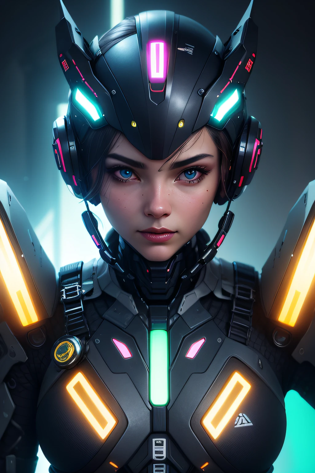 half portrait, Best quality, masterpiece, ultra high res, (photo realistic:1.4), surrealism, dream-like, metallic  luster, ((futurism))
1 girl, mechanical prosthesis,mech coverage,fluorescent mech armor, 
neon lighting,(vibrant glow:1.2),dynamic colors,striking contrast,futuristic vibe,electric energy,reflective surfaces,
CyberpunkAI, neon,  neon thunder baclground, futuristic helmet,