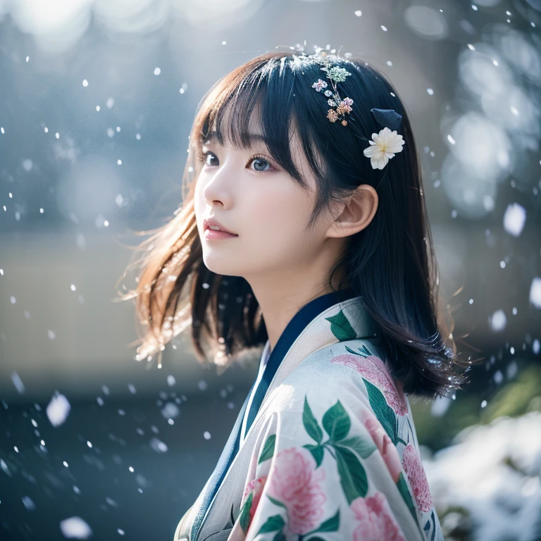 (Kimono)、、(top-quality,masterpiece:1.3,超A high resolution,),(ultra-detailliert,Caustics),(Photorealsitic:1.4,RAW shooting,)Ultra-realistic capture,A highly detailed,high-definition16Kfor human skin、 Skin texture is natural、、The skin looks healthy with an even tone、 Use natural light and color,One Woman,japanes,,kawaii,A dark-haired,Middle hair,(depth of fields、chromatic abberation、、Wide range of lighting、Natural Shading、)、、(Falling snow:1.2)、(Hair swaying in the wind:1.2)、(Snow reflects light:1.2)、Back lighting、Random posture