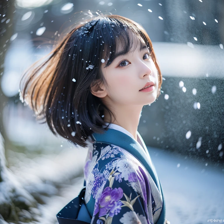 (Kimono)、、(top-quality,masterpiece:1.3,超A high resolution,),(ultra-detailliert,Caustics),(Photorealsitic:1.4,RAW shooting,)Ultra-realistic capture,A highly detailed,high-definition16Kfor human skin、 Skin texture is natural、、The skin looks healthy with an even tone、 Use natural light and color,One Woman,japanes,,kawaii,A dark-haired,Middle hair,(depth of fields、chromatic abberation、、Wide range of lighting、Natural Shading、)、、(Falling snow:1.2)、(Hair swaying in the wind:1.2)、(Snow reflects light:1.2)、Back lighting、Random posture