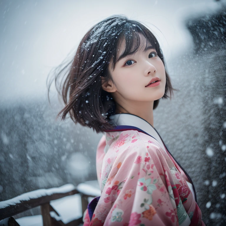 (Kimono)、、(top-quality,​masterpiece:1.3,超A high resolution,),(ultra-detailliert,Caustics),(Photorealsitic:1.4,RAW shooting,)Ultra-realistic capture,A highly detailed,high-definition16Kfor human skin、 Skin texture is natural、、The skin looks healthy with an even tone、 Use natural light and color,One Woman,japanes,,kawaii,A dark-haired,Middle hair,(depth of fields、chromatic abberation、、Wide range of lighting、Natural Shading、)、、(Falling snow:1.2)、(Hair swaying in the wind:1.2)、(Snow reflects light:1.2)、Back lighting、Random posture