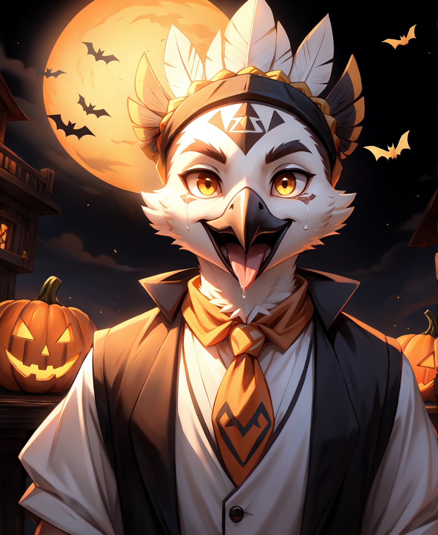 polynimuri 
halloween nintendo tears_of_the_kingdom the_legend_of_zelda 
tulin_(tloz) 
avian rito 
1:1 
anthro cape clothing cub feathers halloween_costume holidays jack-o'-lantern licking licking_lips male necktie solo tongue tongue_out topknot topwear vampire_costume vest white_body white_feathers yellow_eyes young