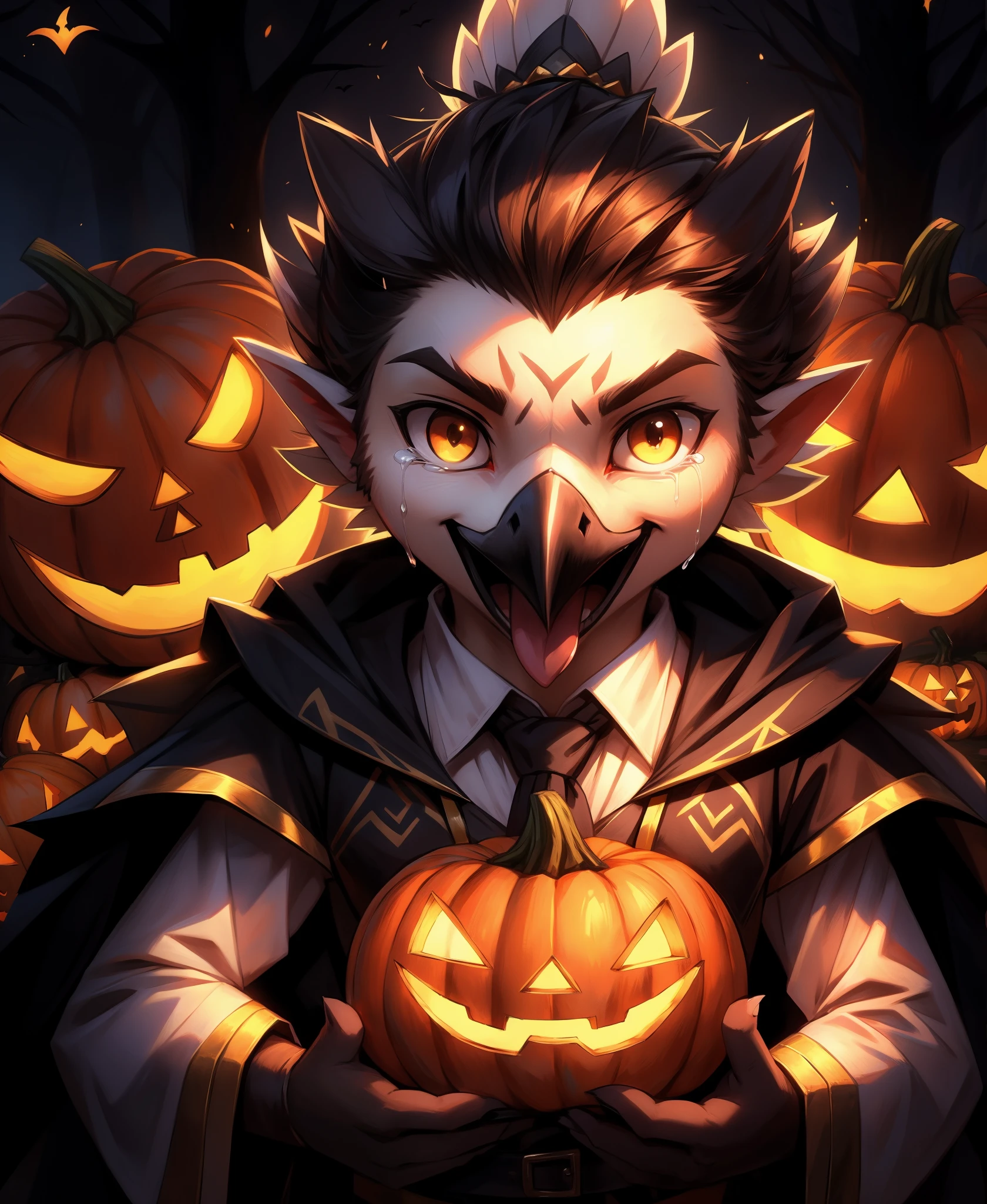 polynimuri, 
halloween, nintendo, tears_of_the_kingdom, the_legend_of_zelda, 
tulin_(tloz), 
avian, rito, 
1:1, 
anthro, cape, clothing, cub, feathers, halloween_costume, holidays, jack-o'-lantern, licking, licking_lips, male, necktie, solo, tongue, tongue_out, topknot, topwear, vampire_costume, vest, white_body, white_feathers, yellow_eyes, young,