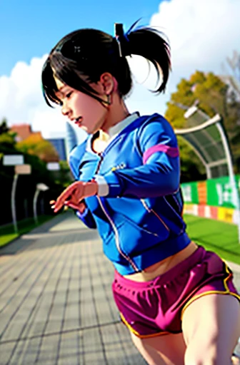 Photo quality,1人、(Women with male genitalia,The erection),独奏、Running、Track Top、Short pants、poneyTail、Athletic physique、Fluid movement、Capture the essence of her athletic skills and energy、Running movement and grace、Ponytails and clothes fluttering in the wind、Expresses the surrounding scenery。plein air、细致背景、Modern metropolis、(NSFW)
