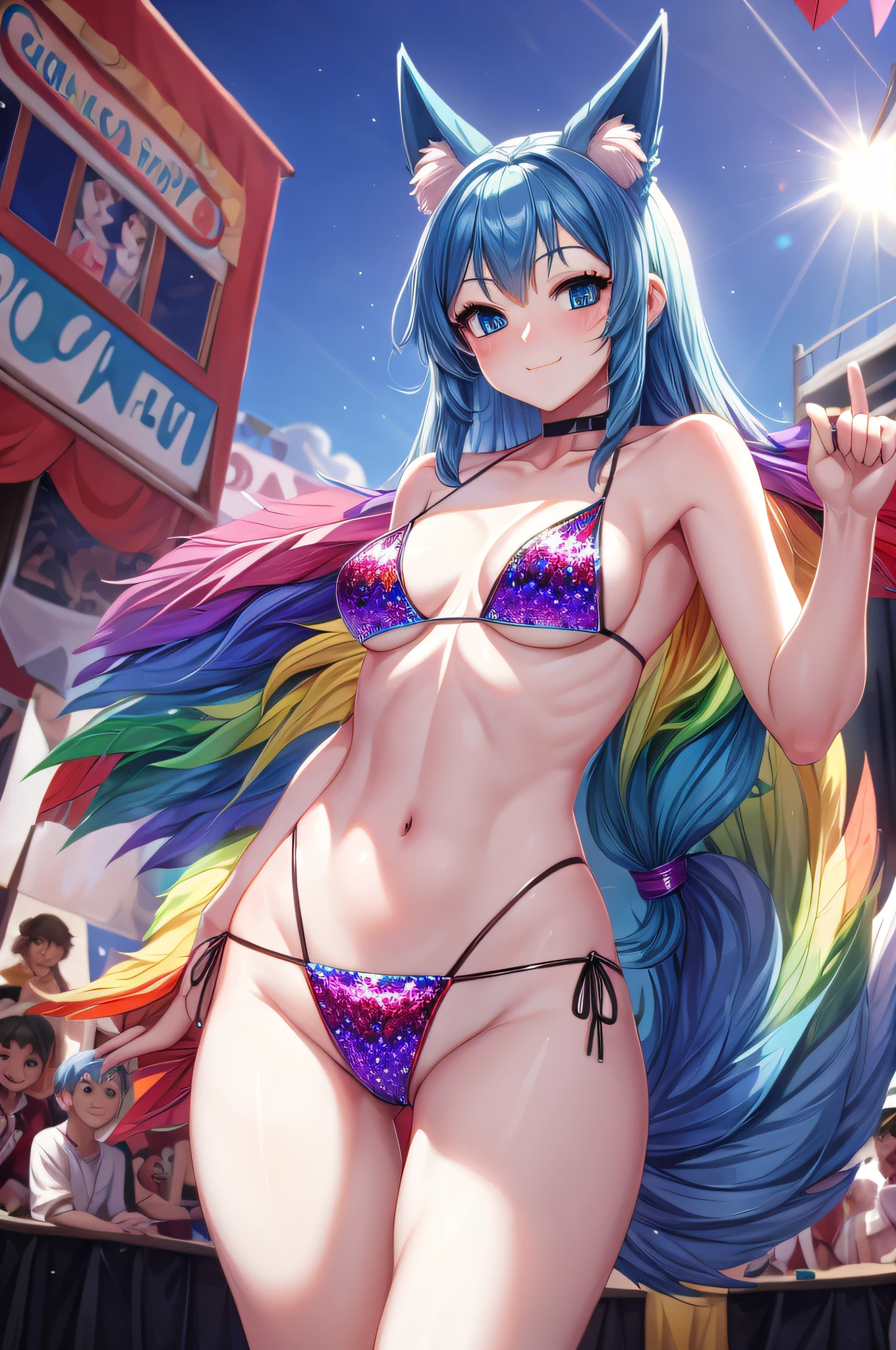 (Masterpiece) (High Detail) (High Res) A short ite humanoid girl with pale skin and blue eyes and long blue hair and blue dog ears and a big fluffy dog tail. She is standing on stage in the middle of a sunny town during Carnival and is wearing a rainbow sequin one piece with a large rainbow feather headdress and rainbow bikini top.