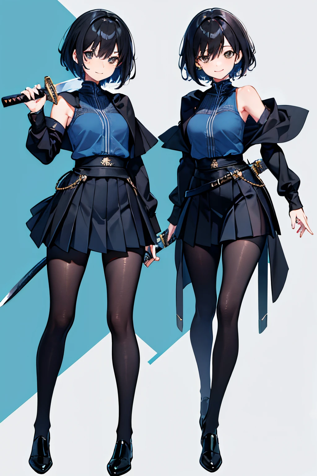 llustration,, extremely detailed CG unity 8k wallpaper, UHD, retina, masterpiece, accurate, anatomically correct, super detail, high details, high quality, award winning, best quality, highres, good anatomy, 1080P, HD, 4K, 8k, 16k, 1girl, dynamic pose, androgynous, detailed eyes, detailed clothes, detailed hair, rendering, strands of hair, cute waifu, full body, tight black sleeveless turtle neck, wearing a pleated micro skirt, black pantyhose, wearing a blue cloak, smiling, holding a katana, blue background, smiling, short black hair, brown eyes
