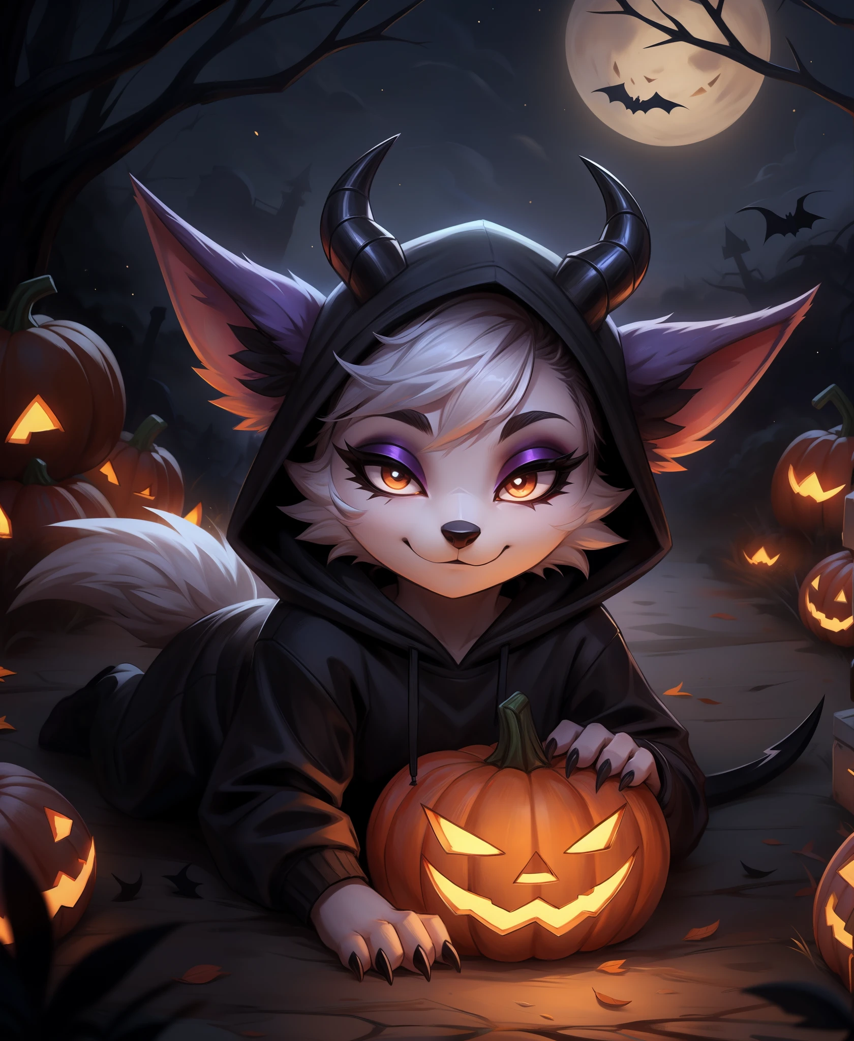 skandiniwi,
halloween, league_of_legends, riot_games,
vex_(lol),
humanoid, yordle,
2023, hi_res,
2_horns, black_clothing, black_eyeshadow, black_hoodie, black_nose, black_topwear, claws, clothed, clothing, ear_tuft, eyebrows, eyeshadow, fake_tail, female, food, fruit, furgonomic_headwear, hair, half-closed_eyes, halloween_costume, holidays, hoodie, horn, inner_ear_fluff, looking_at_viewer, lying, makeup, narrowed_eyes, night, on_front, outside, plant, pumpkin, short_hair, skeleton_costume, solo, spade_tail, tail, topwear, tuft,