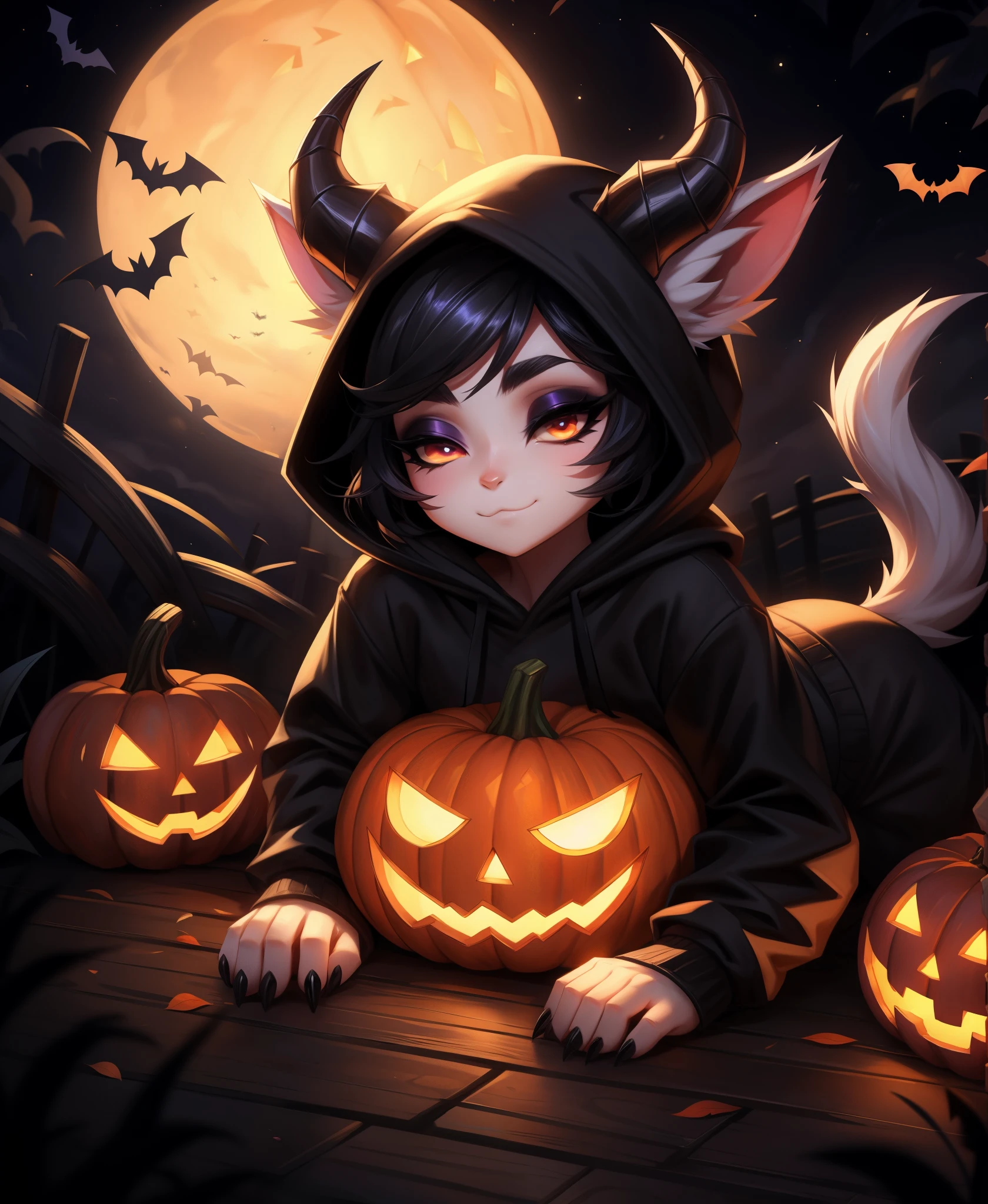 skandiniwi 
halloween league_of_legends riot_games 
vex_(lol) 
humanoid yordle 
2023 hi_res 
2_horns black_clothing black_eyeshadow black_hoodie black_nose black_topwear claws clothed clothing ear_tuft eyebrows eyeshadow fake_tail female food fruit furgonomic_headwear hair half-closed_eyes halloween_costume holidays hoodie horn inner_ear_fluff looking_at_viewer lying makeup narrowed_eyes night on_front outside plant pumpkin short_hair skeleton_costume solo spade_tail tail topwear tuft