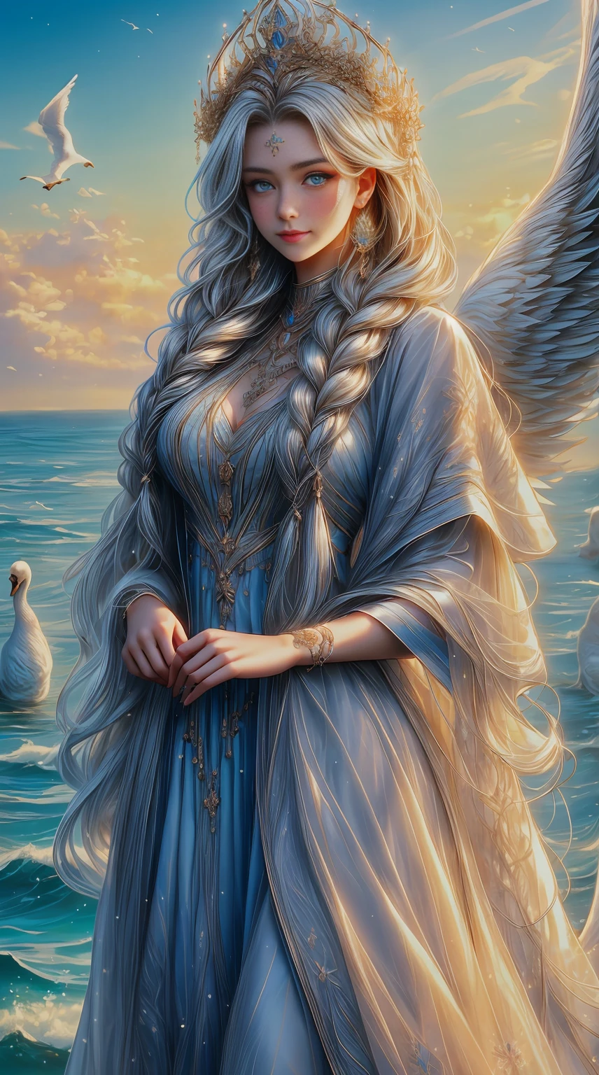 ,((Best quality))),8k,((Masterpiece)),(Extremely refined and beautiful), there is a girl coming out of the sea, a swan princess in Russian mythology, beautiful calm face, blue eyes, long blonde hair braided, the moon braided hair on the back of the head, white old Russian shiny clothes with a Kokoshnik crown on his head, affectionate eyes, half a smile, a gentle expression on his face, seascape and sunlight in the background, seagulls in the sky, full length, realism