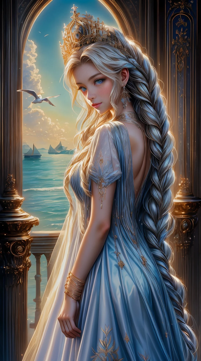 ,((Best quality))),8k,((Masterpiece)),(Extremely refined and beautiful), there is a girl coming out of the sea, a swan princess in Russian mythology, beautiful calm face, blue eyes, long blonde hair braided, the moon braided hair on the back of the head, white old Russian shiny clothes with a Kokoshnik crown on his head, affectionate eyes, half a smile, a gentle expression on his face, seascape and sunlight in the background, seagulls in the sky, full length, realism