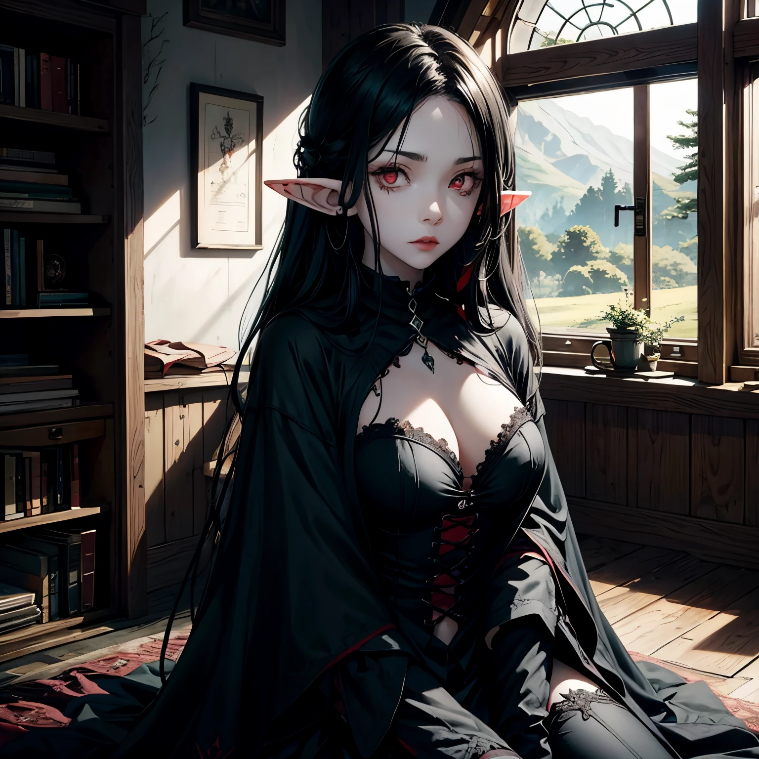 Elf girl with red eyes, light skin/pale, black hair, gothic style clothing, in a calm environment like a comfy cabin