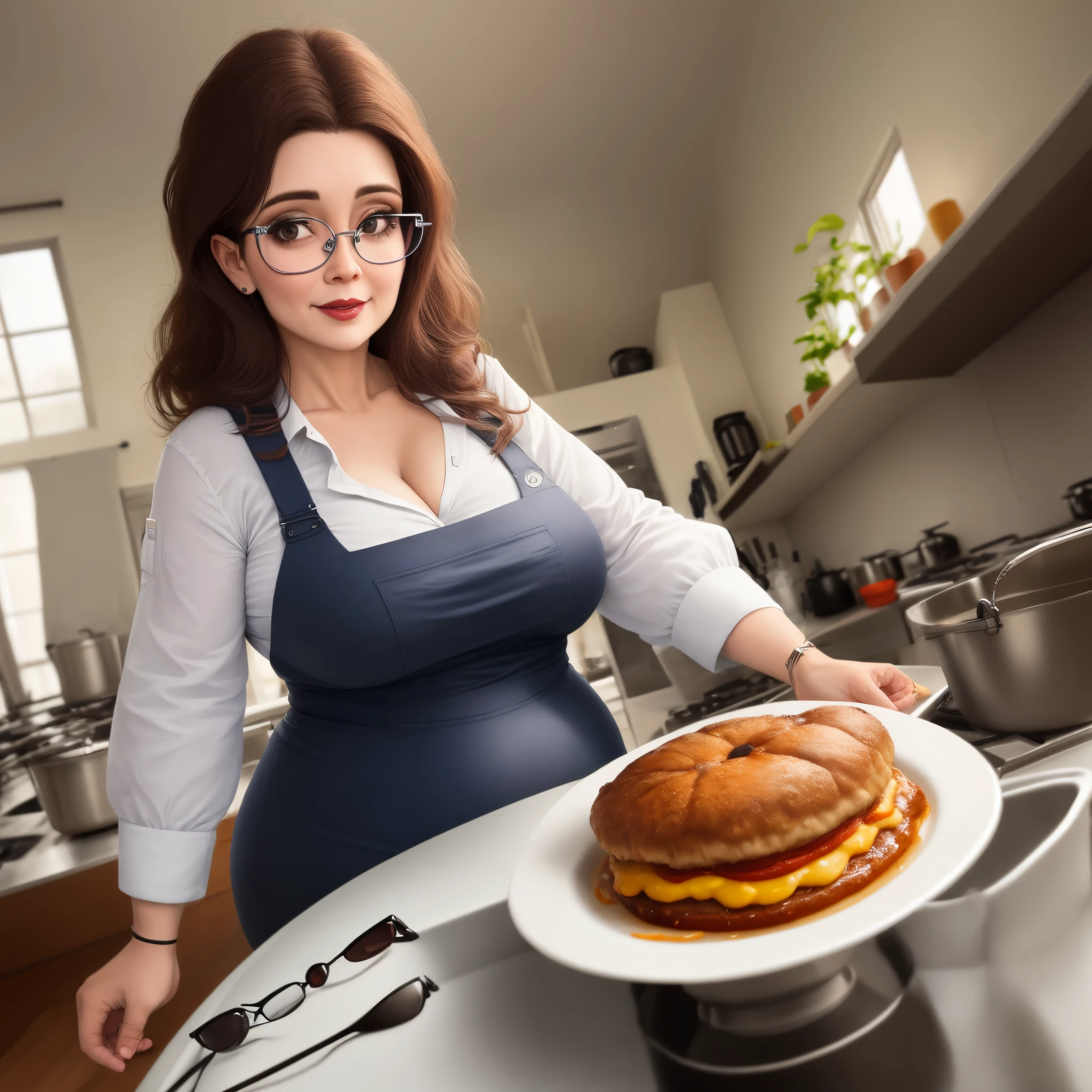 Mulher de 40 anos com oculos, vestida de cozinheira, um pouco gorda de oculos