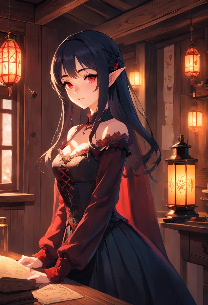 A girl with striking red eyes, fair and delicate skin, and beautiful long black hair stands before you. She exudes an aura of mystery and enchantment, dressed in a gothic style outfit that perfectly complements her ethereal beauty. Her attire, adorned with elegant lace and intricate details, elegantly drapes her figure. The combination of a corset cinching her waist and billowy skirts adds a touch of romance to her appearance. The clothing is predominantly black, accentuated by hints of vibrant red and silver trims, exuding a sense of dark elegance.
Her eyes, a captivating shade of red, are the most arresting feature on her pale face. The vividness of her gaze, intensified by the contrast with her porcelain skin, gives her an otherworldly charm. Her lips, cherry red and delicately curved, possess a subtle hint of mischief, as if she holds secrets known only to her.
Surrounded by a calm and serene environment, the girl finds solace in a cozy cabin. The cabin emits warmth and tranquility, with soft candlelight illuminating the rustic wooden interior. The light casts gentle shadows, creating a perfect atmosphere for contemplation and relaxation. The surroundings are adorned with details, such as plush cushions and mesmerizing wall tapestries, further enhancing the cabin's coziness.
The girl's long lashes gracefully frame her eyes, adding to her captivating allure. Her gaze is thoughtful and filled with serene wisdom, as if she possesses ancient knowledge beyond her years. Her porcelain complexion, smooth and flawless, glows softly in the candlelight, enhancing her ethereal beauty.
The image exudes best quality, capturing every intricate detail in ultra-detailed fashion. From the delicate stitches on her gothic clothing to the fine texture of the wooden cabin, everything is rendered with masterful precision. The realistic portrayal, accentuated by studio lighting and vivid colors, brings the scene to life. The colors are rich and deep, with hints of crimson and ebony, perfectly complementing the gothic theme.
The lighting in the cabin is soft and warm, casting a gentle glow that accentuates the girl's features. The interplay between light and shadow adds depth and dimension to the scene, making it visually captivating. The flickering candlelight dances across the room, creating a serene ambiance that invites one to linger and experience the enchantment.
In summary, the prompt captures the essence of an elf girl with red eyes, fair skin, and black hair in gothic-style clothing. She is depicted in a calm and serene environment, like a comfy cabin. The prompt emphasizes the best quality, ultra-detailed elements, realistic and photorealistic attributes, and vivid colors. The gothic style and the interplay of warm lighting create an atmosphere of enchantment and mystique.