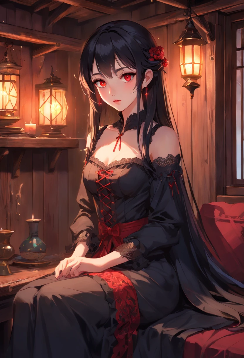 A girl with striking red eyes, fair and delicate skin, and beautiful long black hair stands before you. She exudes an aura of mystery and enchantment, dressed in a gothic style outfit that perfectly complements her ethereal beauty. Her attire, adorned with elegant lace and intricate details, elegantly drapes her figure. The combination of a corset cinching her waist and billowy skirts adds a touch of romance to her appearance. The clothing is predominantly black, accentuated by hints of vibrant red and silver trims, exuding a sense of dark elegance.
Her eyes, a captivating shade of red, are the most arresting feature on her pale face. The vividness of her gaze, intensified by the contrast with her porcelain skin, gives her an otherworldly charm. Her lips, cherry red and delicately curved, possess a subtle hint of mischief, as if she holds secrets known only to her.
Surrounded by a calm and serene environment, the girl finds solace in a cozy cabin. The cabin emits warmth and tranquility, with soft candlelight illuminating the rustic wooden interior. The light casts gentle shadows, creating a perfect atmosphere for contemplation and relaxation. The surroundings are adorned with details, such as plush cushions and mesmerizing wall tapestries, further enhancing the cabin's coziness.
The girl's long lashes gracefully frame her eyes, adding to her captivating allure. Her gaze is thoughtful and filled with serene wisdom, as if she possesses ancient knowledge beyond her years. Her porcelain complexion, smooth and flawless, glows softly in the candlelight, enhancing her ethereal beauty.
The image exudes best quality, capturing every intricate detail in ultra-detailed fashion. From the delicate stitches on her gothic clothing to the fine texture of the wooden cabin, everything is rendered with masterful precision. The realistic portrayal, accentuated by studio lighting and vivid colors, brings the scene to life. The colors are rich and deep, with hints of crimson and ebony, perfectly complementing the gothic theme.
The lighting in the cabin is soft and warm, casting a gentle glow that accentuates the girl's features. The interplay between light and shadow adds depth and dimension to the scene, making it visually captivating. The flickering candlelight dances across the room, creating a serene ambiance that invites one to linger and experience the enchantment.
In summary, the prompt captures the essence of an elf girl with red eyes, fair skin, and black hair in gothic-style clothing. She is depicted in a calm and serene environment, like a comfy cabin. The prompt emphasizes the best quality, ultra-detailed elements, realistic and photorealistic attributes, and vivid colors. The gothic style and the interplay of warm lighting create an atmosphere of enchantment and mystique.