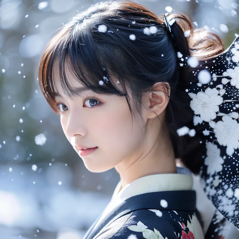 (Kimono)、、(top-quality,masterpiece:1.3,超A high resolution,),(ultra-detailliert,Caustics),(Photorealsitic:1.4,RAW shooting,)Ultra-realistic capture,A highly detailed,high-definition16Kfor human skin、 Skin texture is natural、、The skin looks healthy with an even tone、 Use natural light and color,One Woman,japanes,,kawaii,A dark-haired,Middle hair,(depth of fields、chromatic abberation、、Wide range of lighting、Natural Shading、)、、(Falling snow:1.2)、(Hair swaying in the wind:1.2)、(Snow reflects light:1.2)、Back lighting、Random posture、(The whole picture)