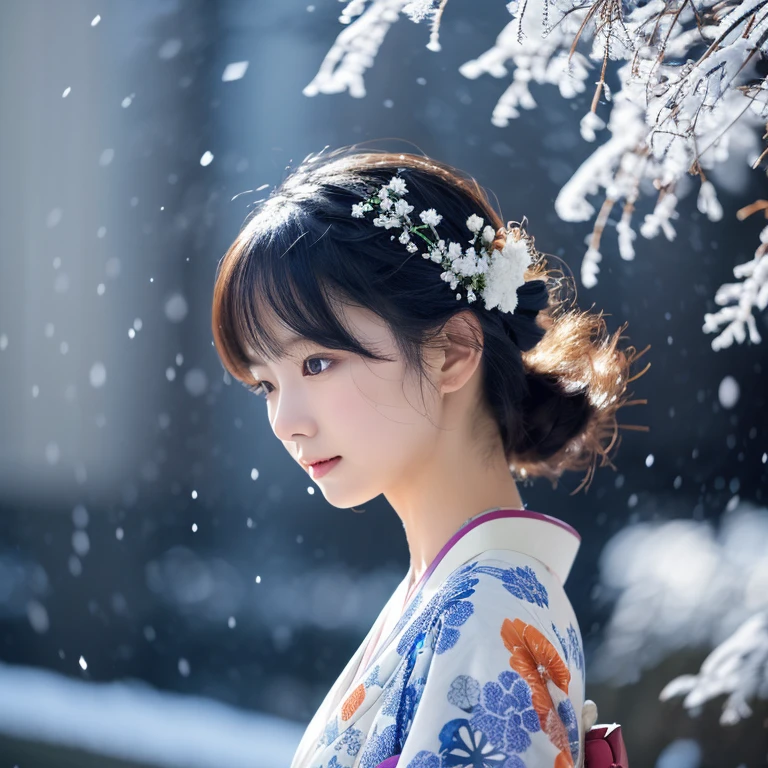 (Kimono)、、(top-quality,​masterpiece:1.3,超A high resolution,),(ultra-detailliert,Caustics),(Photorealsitic:1.4,RAW shooting,)Ultra-realistic capture,A highly detailed,high-definition16Kfor human skin、 Skin texture is natural、、The skin looks healthy with an even tone、 Use natural light and color,One Woman,japanes,,kawaii,A dark-haired,Middle hair,(depth of fields、chromatic abberation、、Wide range of lighting、Natural Shading、)、、(Falling snow:1.2)、(Hair swaying in the wind:1.2)、(Snow reflects light:1.2)、Back lighting、Random posture、（The whole picture）