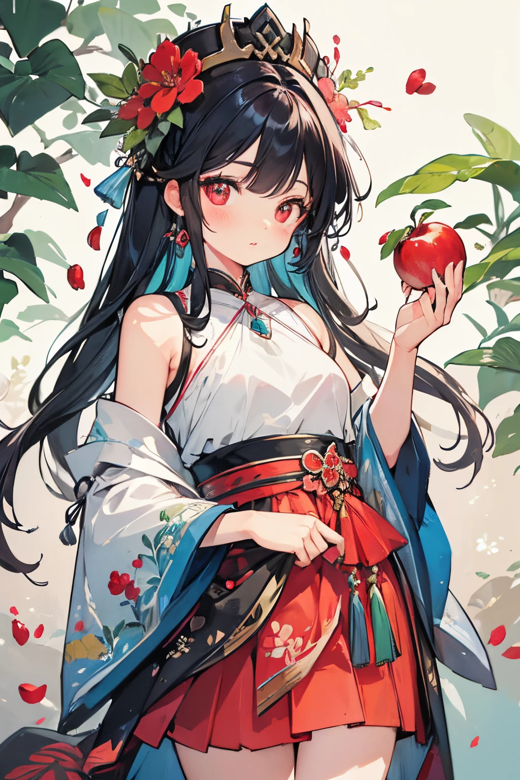 (Best quality, A high resolution, tmasterpiece:1.2), A vibrant one, detailed lips, A detailed eye, Luzes Realistas, Lesbian, vivaciousness, nothing background, solitary figure, plant-based women, Pomegranate flowers,