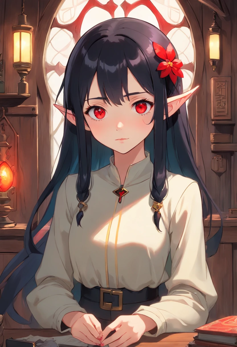 Elf girl with red eyes, light skin/pale, black hair, gothic style clothing, in a calm environment like a comfy cabin