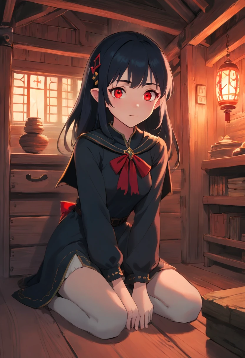 Elf girl with red eyes, light skin/pale, black hair, gothic style clothing, in a calm environment like a comfy cabin