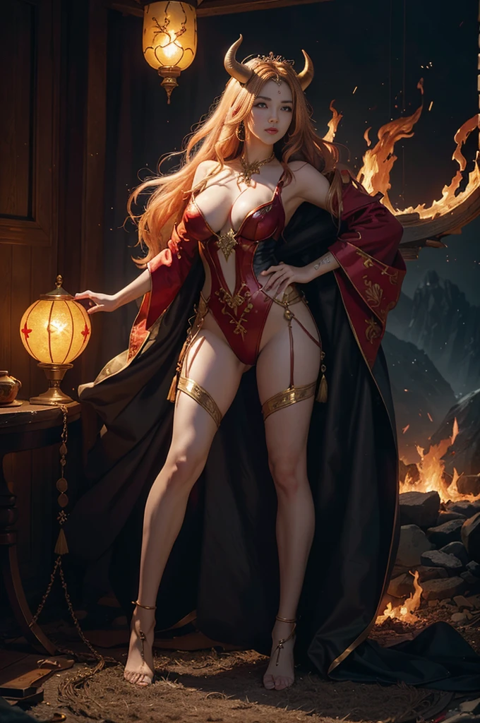 (tmasterpiece,top-quality,Best quality,offcial art,Beautiful and beautiful:1.2),Scene depicting the goddess of war fighting a red flaming demon with huge horns in hell,She is a great giant,she is a lovely princess,she is a strong warrior,火焰,lightning in sky,magma,At the foot of the mountain,mountain in the distance,(theelementoffire:1.4),flame of reality,Highly realistic,Correct anatomy,Full body photo,convex,Cute big breasts,Expose breasts exposed,legs separated,plum,longing unsatisfied,Bare genitals, Camel toes,Sexy gesture,climaxing,Sex huge breasts cleavage, The barefoot,Sexy gesture,fist to flesh,(Tangled,datura,Tangles,entangled)(Long hair and long flesh,Bare bare ,),Married woman,熟妇,delicated face,美丽詳細な目,Correct anatomy,详细的脸, 詳細な目,Divine light,gold foil,Gold leaf art,Deep background,hoang lap,marvelous and unbelievable,Epic work,(Complicated details,hyper-detailing:1.2),ultra real photo, Epic reality, ((com cores neutras)),(pastel colour:1.2), hyper realisitc, + Cinema lenses + dynamic compositions, The is very detailed, Sharpen, Cinematic, warmly lit, Light effect, Dramatic light, (Complicated details:1.1), the complex background, (greg rutkovsky:0.8), (black and red:0.4),