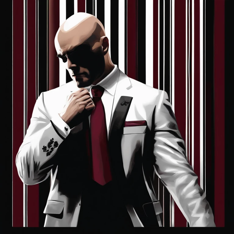 Agent 47 has a tattoo on the back of his head in the style of a barcode. He is bald. 47's typical attire consists of a black suit, black leather gloves and shoes, white dress shirt, and a burgundy tie.,Hitman series,Agent 47 has a tattoo on the back of his head in the style of a barcode. He is bald. 47's typical attire consists of a black suit, black leather gloves and shoes, white dress shirt, and a burgundy tie.,face,photo