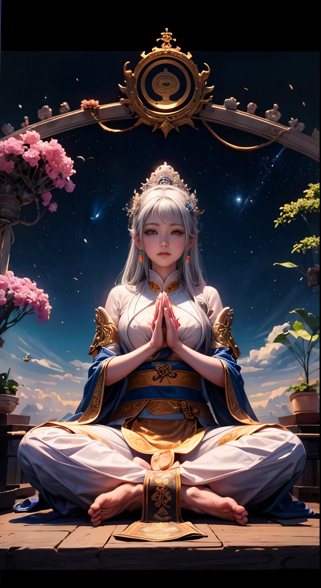 high-level image quality、ighly detailed、in 8K、Beautiful woman with eight faces and six arms、Heavenly daughter、Zazen、yoga pose、the buddha、A meditative、Fantastical、The Spiritual World、Yin Yang、buddhism、Heavenly Emperor、I Ching、Sukuyo Sutra、Mandala Background、The image on the other side is the background