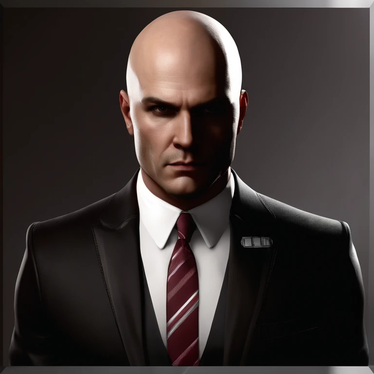 Agent 47 has a tattoo on the back of his head in the style of a barcode. He is bald. 47's typical attire consists of a black suit, black leather gloves and shoes, white dress shirt, and a burgundy tie.,Hitman series,Agent 47 has a tattoo on the back of his head in the style of a barcode. He is bald. 47's typical attire consists of a black suit, black leather gloves and shoes, white dress shirt, and a burgundy tie.,face,photo