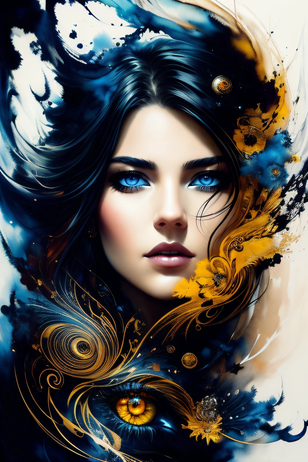 Colorful beautiful woman: Black ink flow: 8k resolution photorealistic masterpiece: by Aaron Horkey and Jeremy Mann: intricately detailed fluid gouache painting: by Jean Baptiste Mongue: calligraphy: acrylic: watercolor art, professional photography, natural lighting, volumetric lighting maximalist photoillustration: by marton bobzert: 8k resolution concept art intricately detailed, complex, elegant, expansive, fantastical, Golden Eyes.