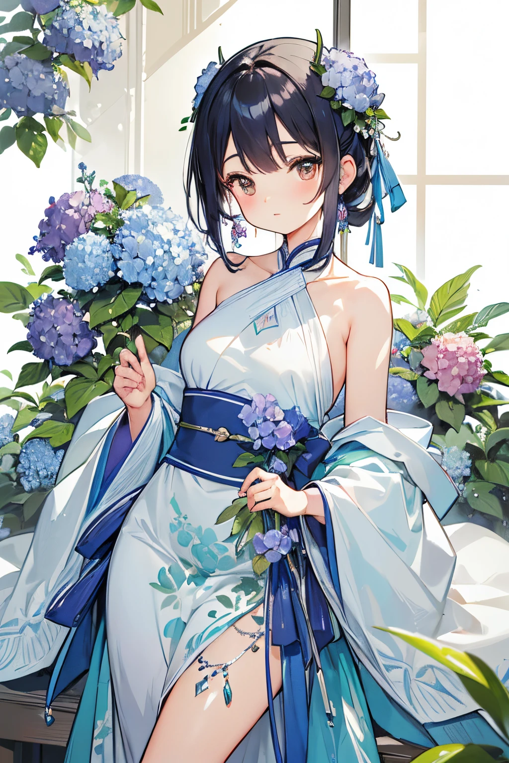 (Best quality at best, A high resolution, tmasterpiece:1.2), a vibrant one, detailed lips, A detailed eye, Luzes Realistas, Lesbian, vivaciousness, nothing background, solitary figure, plant-based women, hydrangeas,
