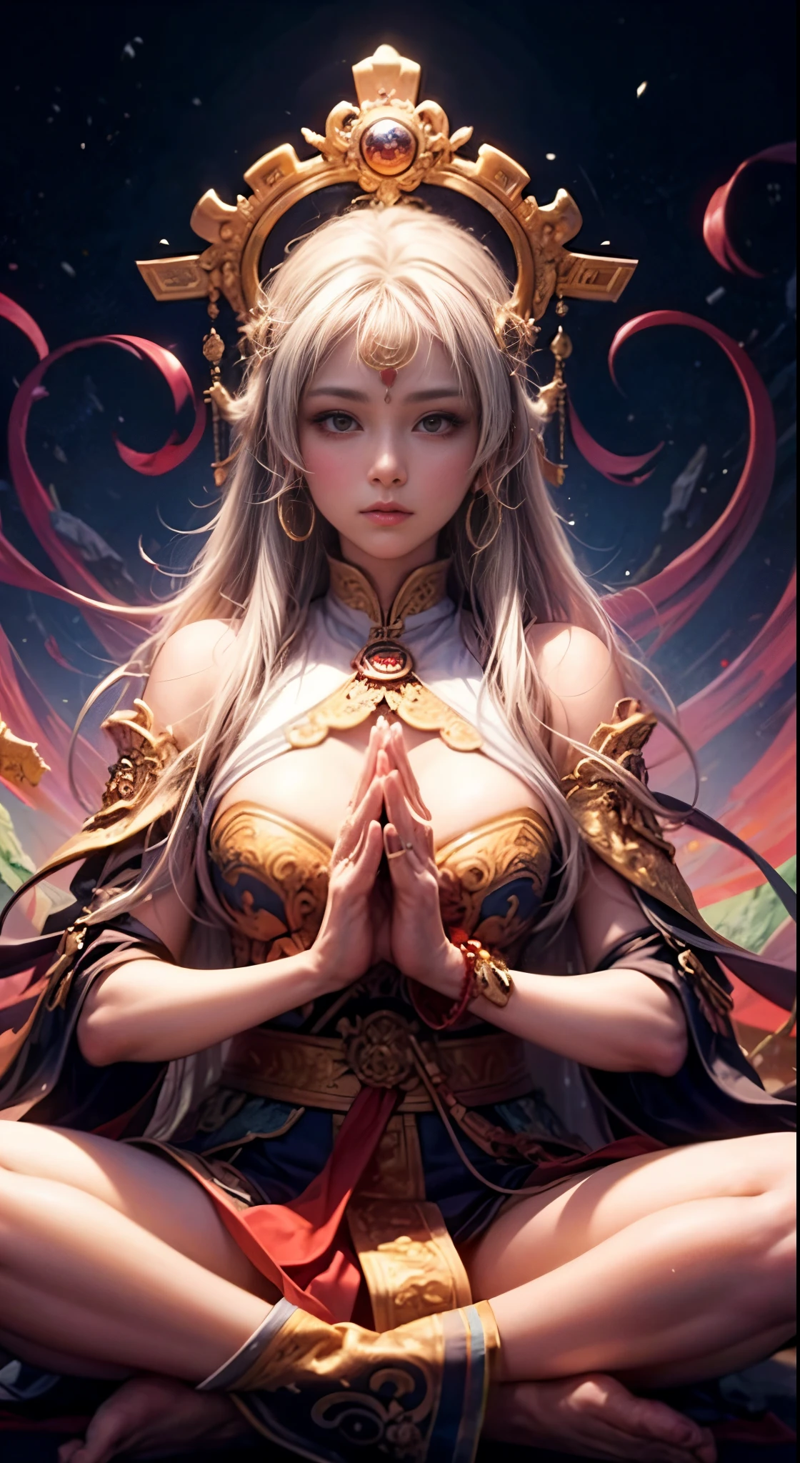 high-level image quality、ighly detailed、in 8K、Beautiful woman with eight faces and six arms、Heavenly daughter、Zazen、yoga pose、the buddha、A meditative、Fantastical、The Spiritual World、Yin Yang、buddhism、Heavenly Emperor、I Ching、Sukuyo Sutra、Mandala Background、The image on the other side is the background