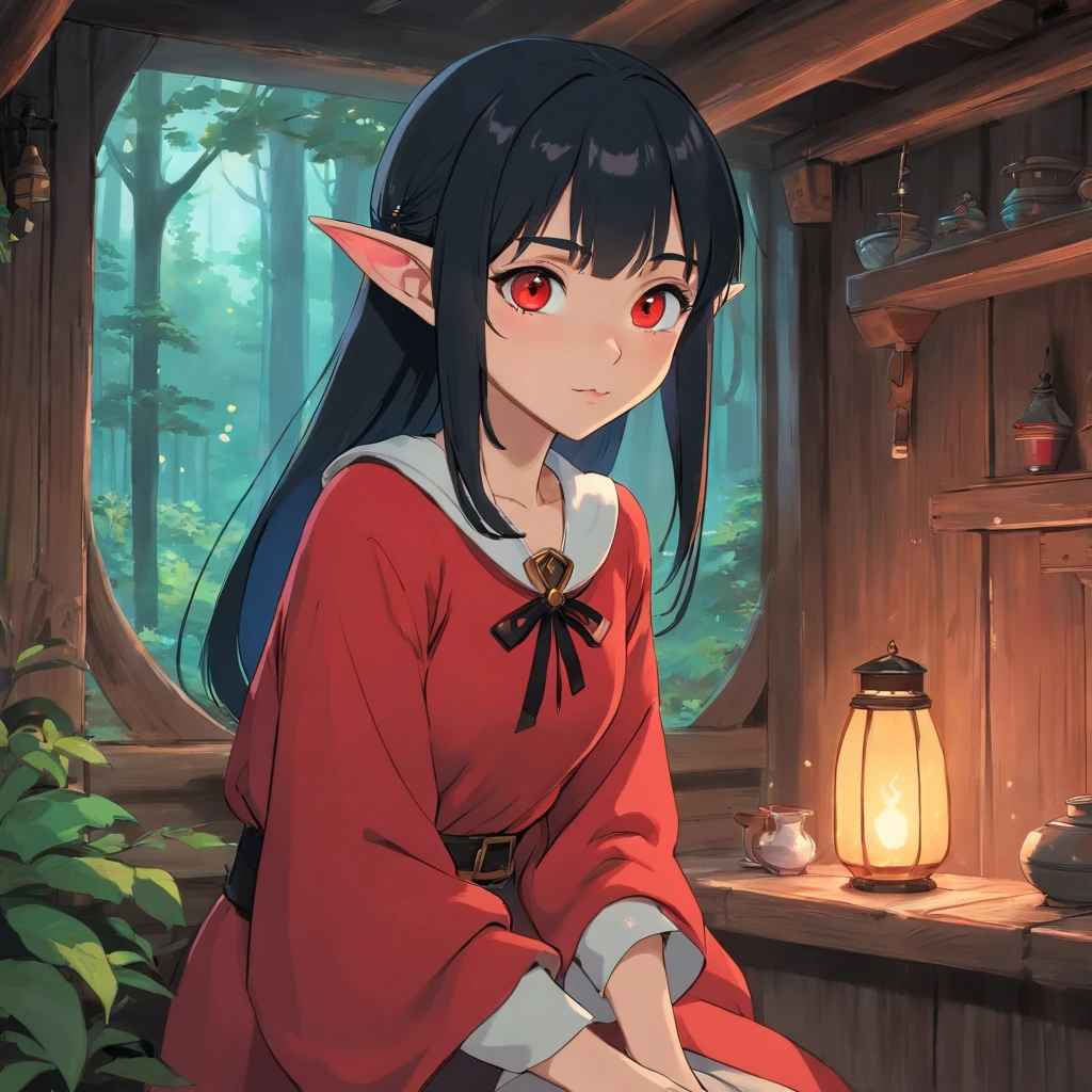 Elf girl with red eyes, light skin/pale, black hair, gothic style clothing, in a calm environment like a comfy cabin