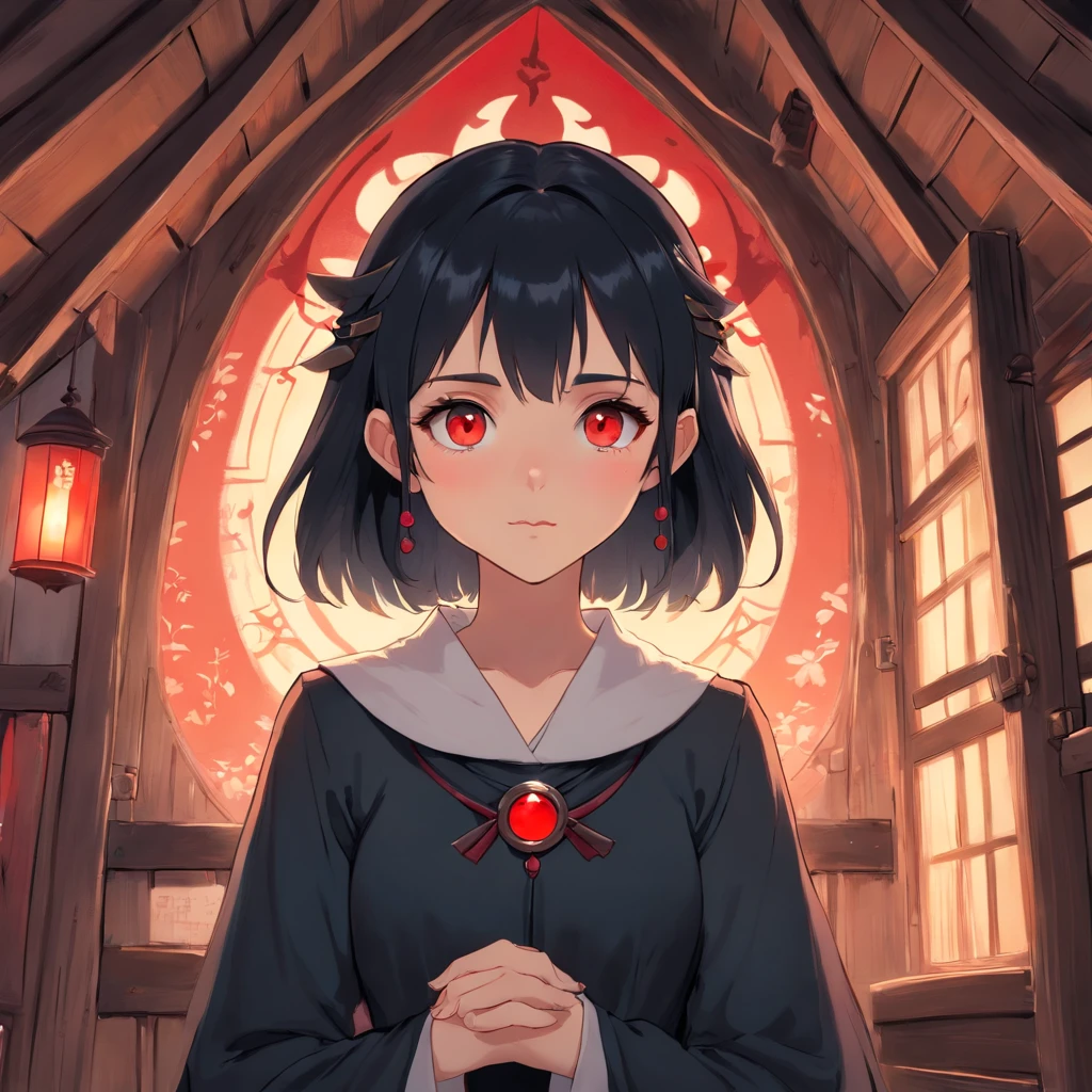 Elf girl with red eyes, light skin/pale, black hair, gothic style clothing, in a calm environment like a comfy cabin
