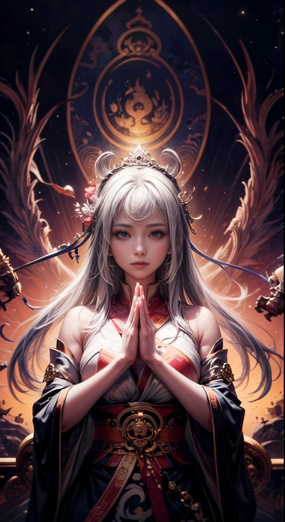 high resolution、Heavenly God、Very detailed、In 8K、Beautiful Japanese woman、Daughter of God、Zazen、Yoga poses、Buddha、Contemplative、Fantastic、Spiritual world、yin and yang、Buddhism、Emperor、I Ching、Sukuyo Sutra、Background of the interior of a Buddhist temple、The image on the other side is the background