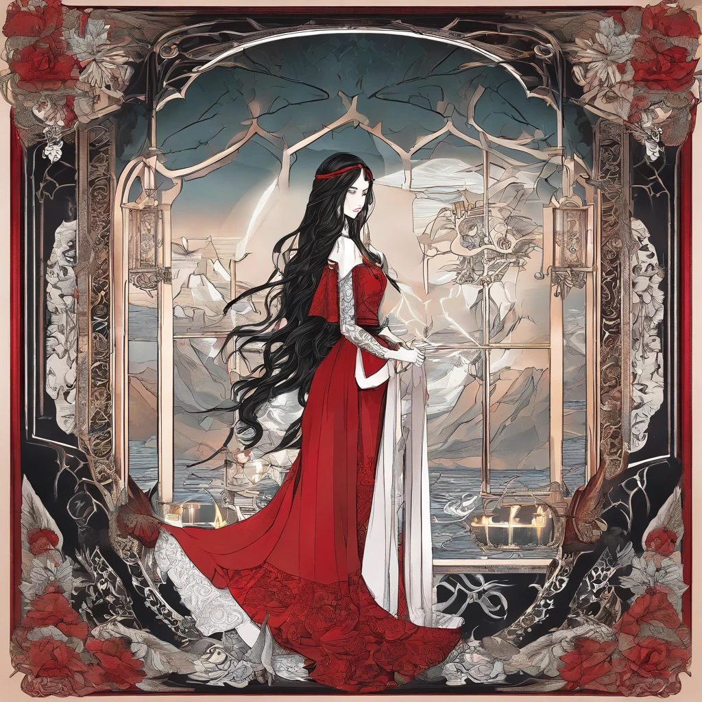 a woman with long hair and a red dress is holding her head, #illustration, by André Castro, illustration style, inspired by Itō Shinsui, by Pedro Pedraja, by Rose Henriques, by Kaja Foglio, illustration art, in a kimono, by Sergio Burzi, by Francis Souza, by Ayako Rokkaku