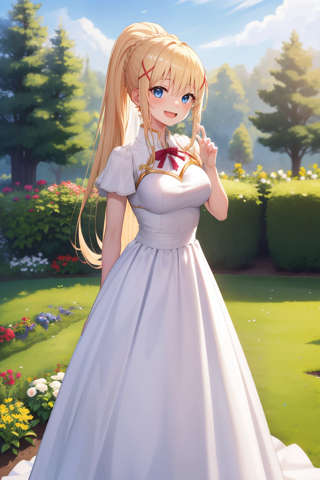 masterpiece, best quality, highres, aarurutie,1girl, wedding dress, white dress, standing, garden, smile, open mouth, long hair, blonde hair, x hair ornament, blue eyes, ponytail, hair ornament,