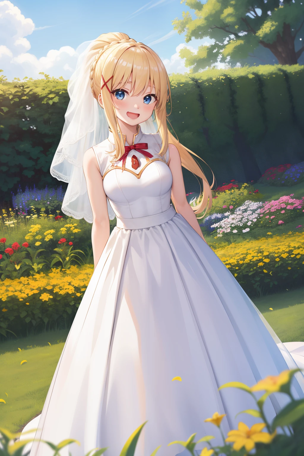 masterpiece, best quality, highres, aarurutie,1girl, wedding dress, white dress, standing, garden, smile, open mouth, long hair, blonde hair, x hair ornament, blue eyes, ponytail, hair ornament,