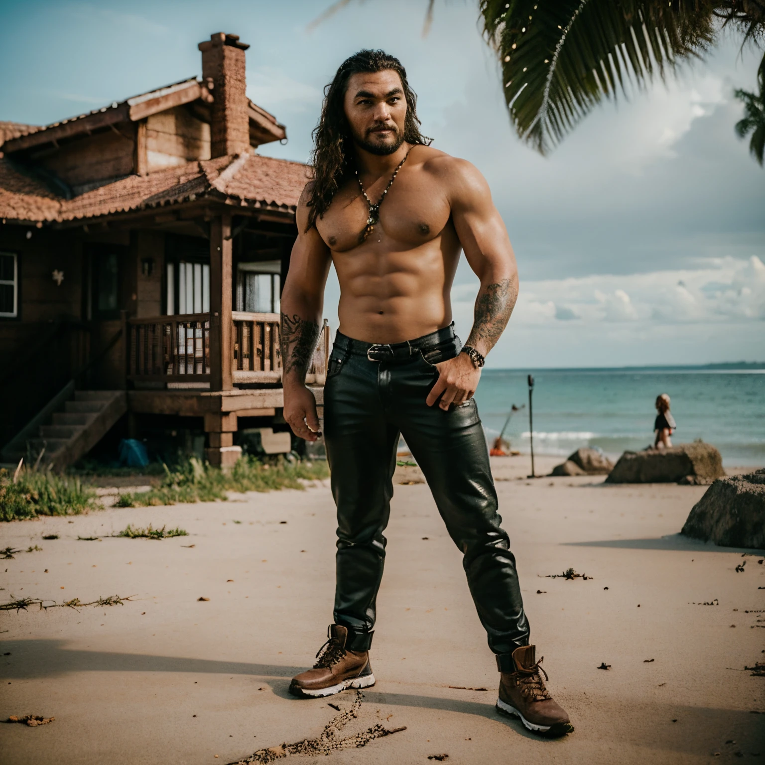 Jason Momoa,((masterpiece, best quality)),(complex lighting),,solo, smile, blue eyes, brown hair, 3d toy, 3d rendering, ip, cyberpunk style, chibi, cute boy, 35 year old, with long curly hairstyle, full body, male focus, Boot, pants, full body shoot,8K,Row photo, beautiful beach background, full body shoot, photography, details, with Tattoos,