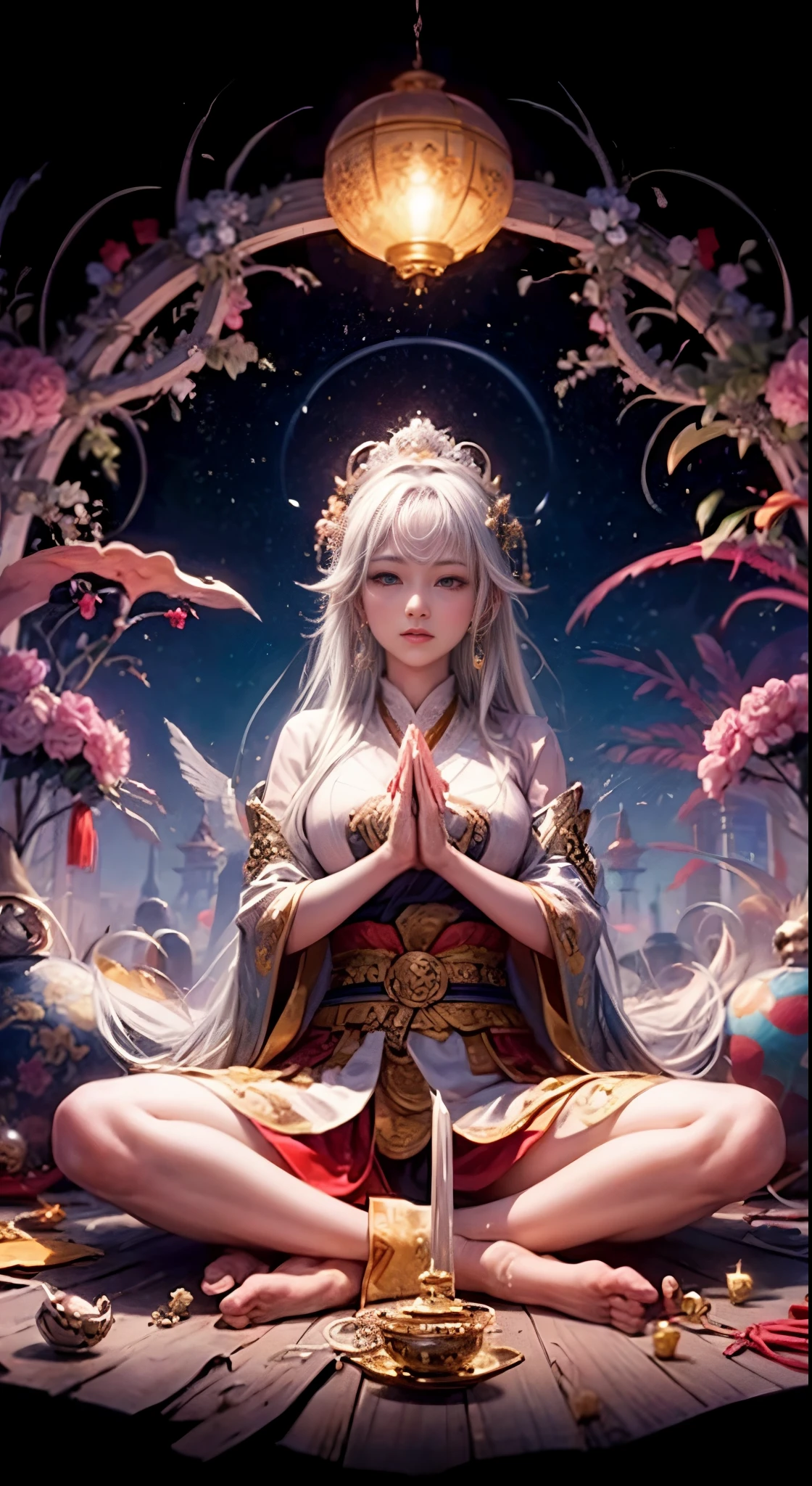 Ultra-high resolution, Attention to detail, Highest quality, (((女god))), Anime Style, Full body portrait, See-through feather robe, Rings on the wrists and ankles, A necklace studded with jewels, god々New Background, Multiple lights dance in the air, Making a ring with the thumbs and index fingers of both hands, Sitting cross-legged, Sitting on a lotus flower