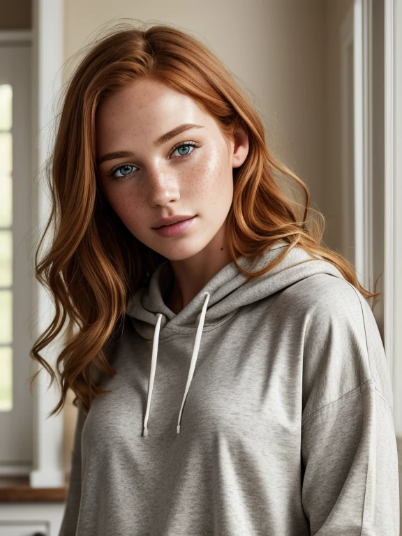 1girl in, 19, Solo, Aesthetic artwork, irish redhead, wavy ginger hair, shoulder length ginger hair, gray eyes, light grey eyes, some small freckles, pale skin, A-cup, small breasts, runners body, hair away from sweatshirt, fullbody shot, perfect tense, (textured skin, skin pores:1.1), (moles:0.8), imperfect skin, goosebumps, in a farmhouse kitchen decorated in the style of Joanna Gaines with a window, coffee, joyful, happy expression, (extremely detailed 8k wallpaper), soft lighting, high quality, film grain, Fujifilm XT3 sharp focus, f 5.6, 50mm, High Detail, Sharp focus,(natural light), (seductive), white color Unisex Premium Hoodie Cotton Heritage style M2580, oversized hoodie sweatshirt baggy, https://www.printful.com/custom/mens/hoodies/unisex-premium-hoodie-cotton-heritage-m2580 , wide string, (no metal on string), showing full view of chest area ironed sweatshirt flat fabric, Realistic, ultra realistic, photo realistic, crazy details, complex details, hyper detailed, forward facing towards camera, no logo, no text,