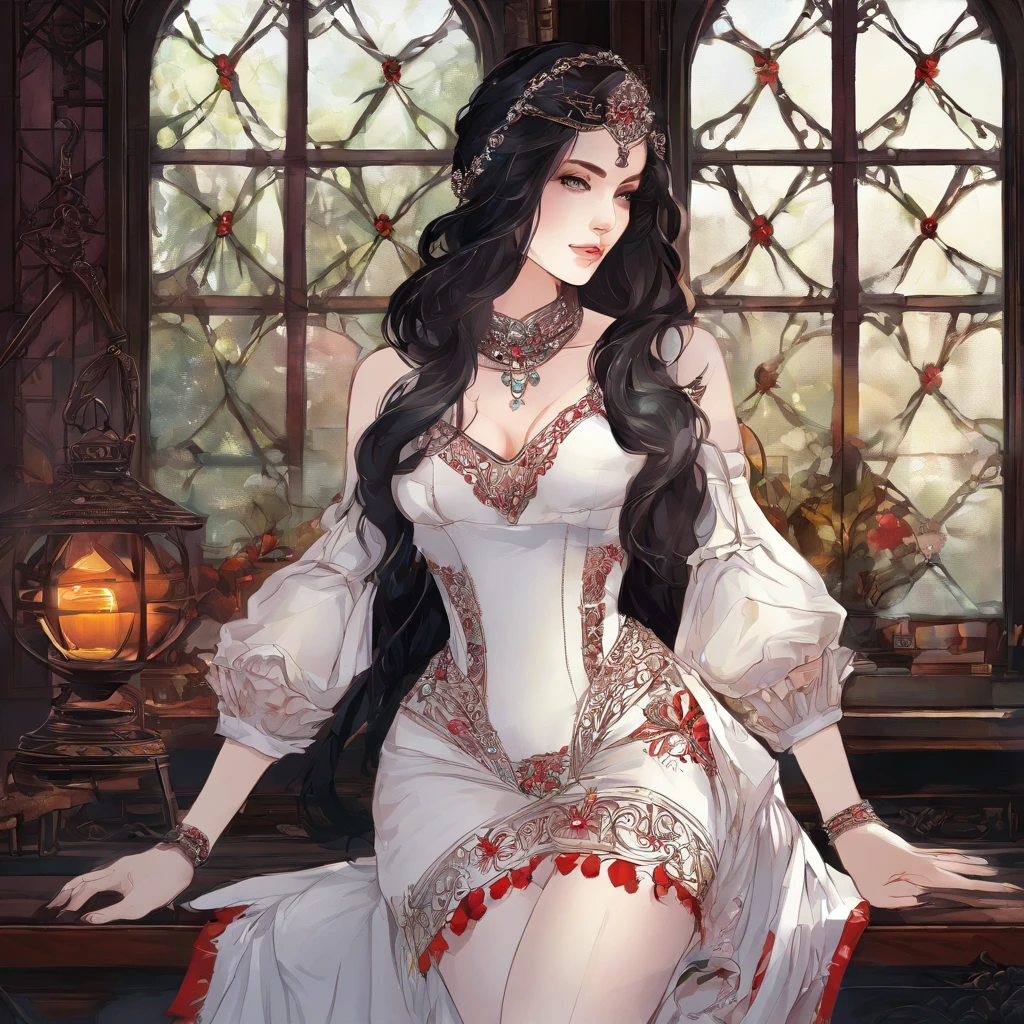 A girl with striking red eyes, fair and delicate skin, and beautiful long black hair stands before you. She exudes an aura of mystery and enchantment, dressed in a gothic style outfit that perfectly complements her ethereal beauty. Her attire, adorned with elegant lace and intricate details, elegantly drapes her figure. The combination of a corset cinching her waist and billowy skirts adds a touch of romance to her appearance. The clothing is predominantly black, accentuated by hints of vibrant red and silver trims, exuding a sense of dark elegance.
Her eyes, a captivating shade of red, are the most arresting feature on her pale face. The vividness of her gaze, intensified by the contrast with her porcelain skin, gives her an otherworldly charm. Her lips, cherry red and delicately curved, possess a subtle hint of mischief, as if she holds secrets known only to her.
Surrounded by a calm and serene environment, the girl finds solace in a cozy cabin. The cabin emits warmth and tranquility, with soft candlelight illuminating the rustic wooden interior. The light casts gentle shadows, creating a perfect atmosphere for contemplation and relaxation. The surroundings are adorned with details, such as plush cushions and mesmerizing wall tapestries, further enhancing the cabin's coziness.
The girl's long lashes gracefully frame her eyes, adding to her captivating allure. Her gaze is thoughtful and filled with serene wisdom, as if she possesses ancient knowledge beyond her years. Her porcelain complexion, smooth and flawless, glows softly in the candlelight, enhancing her ethereal beauty.
The image exudes best quality, capturing every intricate detail in ultra-detailed fashion. From the delicate stitches on her gothic clothing to the fine texture of the wooden cabin, everything is rendered with masterful precision. The realistic portrayal, accentuated by studio lighting and vivid colors, brings the scene to life. The colors are rich and deep, with hints of crimson and ebony, perfectly complementing the gothic theme.
The lighting in the cabin is soft and warm, casting a gentle glow that accentuates the girl's features. The interplay between light and shadow adds depth and dimension to the scene, making it visually captivating. The flickering candlelight dances across the room, creating a serene ambiance that invites one to linger and experience the enchantment.
In summary, the prompt captures the essence of an elf girl with red eyes, fair skin, and black hair in gothic-style clothing. She is depicted in a calm and serene environment, like a comfy cabin. The prompt emphasizes the best quality, ultra-detailed elements, realistic and photorealistic attributes, and vivid colors. The gothic style and the interplay of warm lighting create an atmosphere of enchantment and mystique.