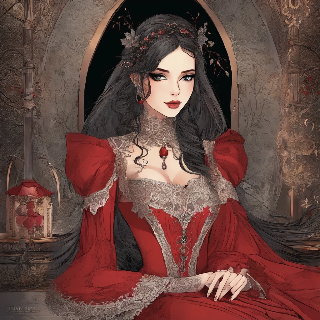 a young woman vampire wearing renaissance elegant red and black dress with gold detals and with long, open shoulder sleeves. wavy ebony hair of medium-length partially tied back to keep it out of her way, red eyes. She is sitting in a night time full of stars and full moon garden of a dark gothic castle, with roses and few statues decorating.