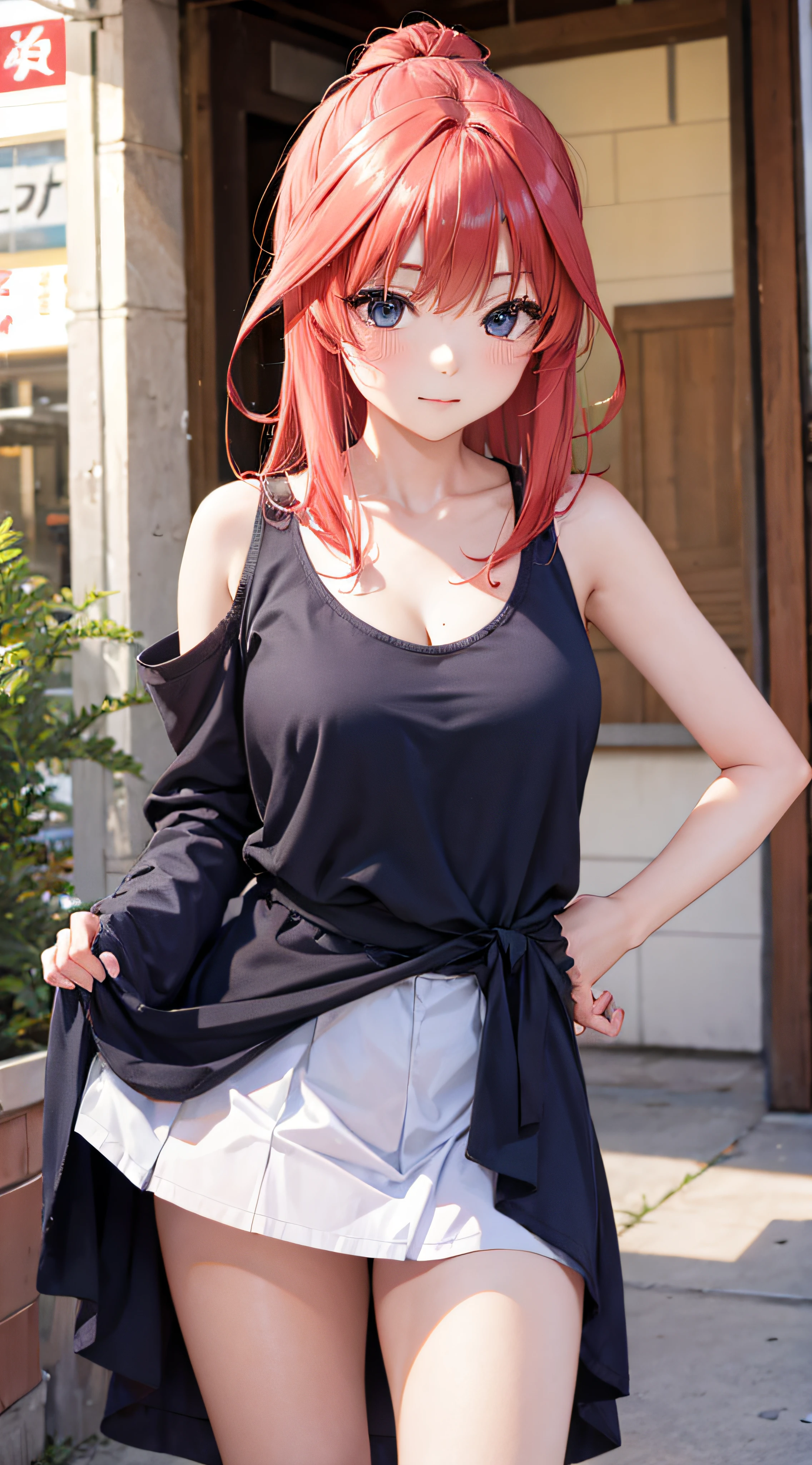 1 woman, (((((UHD))))), (((((masterpiece))))), ((((super detail)))), high details, ((((high quality)))), ((((best quality)))), (((highres))), ((((16k)))), ((Shadows)), ((bright red hair)), hair over shoulder, side swept bangs, (casual clothing), ((black tank top)), ((white skirt)), heart-shaped pupils, one eye closed, sparkling eyes, ((big beautiful light blue eyes)), crystal earrings, grin, bright pupils, (evil smile), natural lips, light blush, cheek-to-cheek, sparkle, god rays, backlighting, reflection light, bloom, dutch angle, perspective, from above, from behind, beautiful ass, ((fat ass)), ((defined jawline))